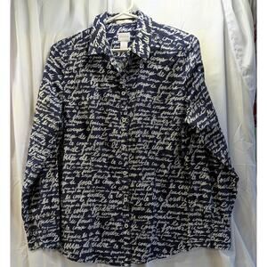 Chico's Graffiti French Script Print Navy Button Down Blouse Size 1